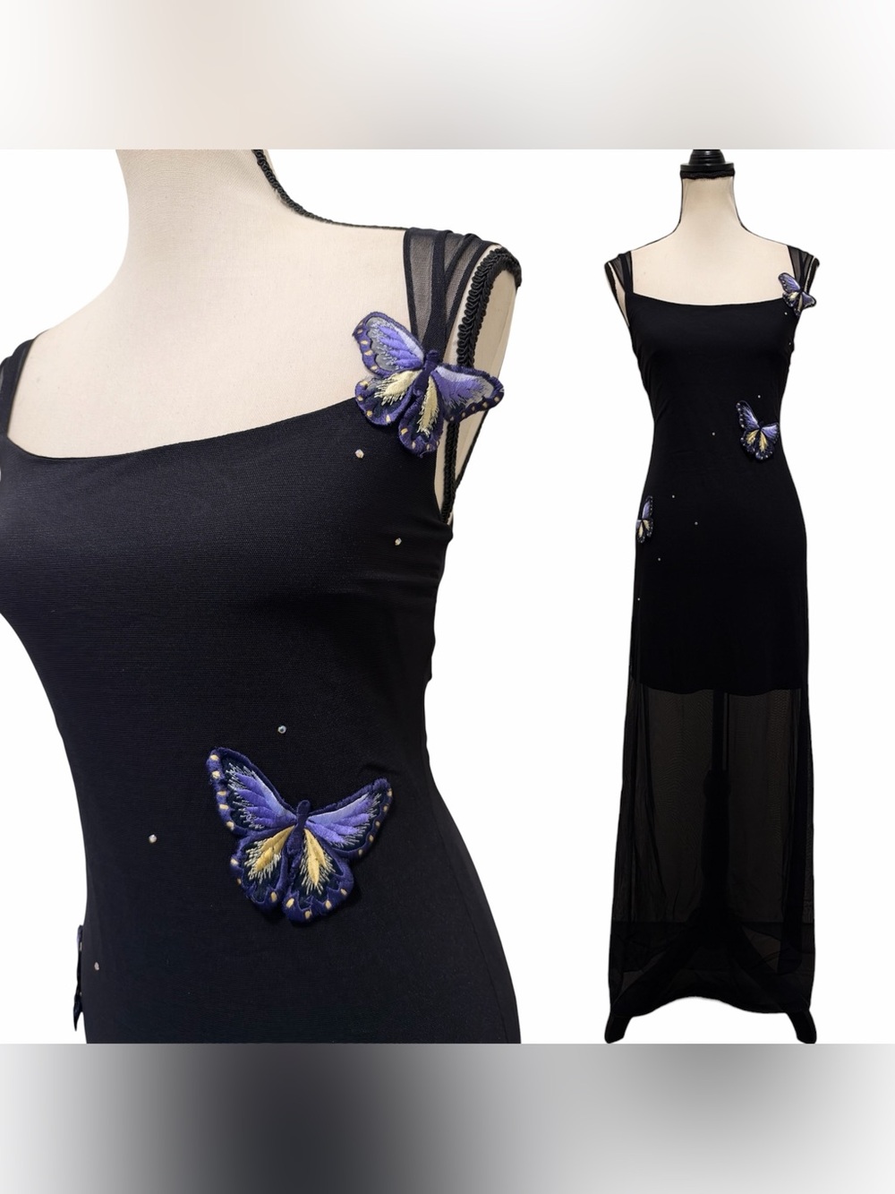 Vintage 90s Bari Jay Sheer Slip Dress with Purple & Yellow Butterfly Appliqués